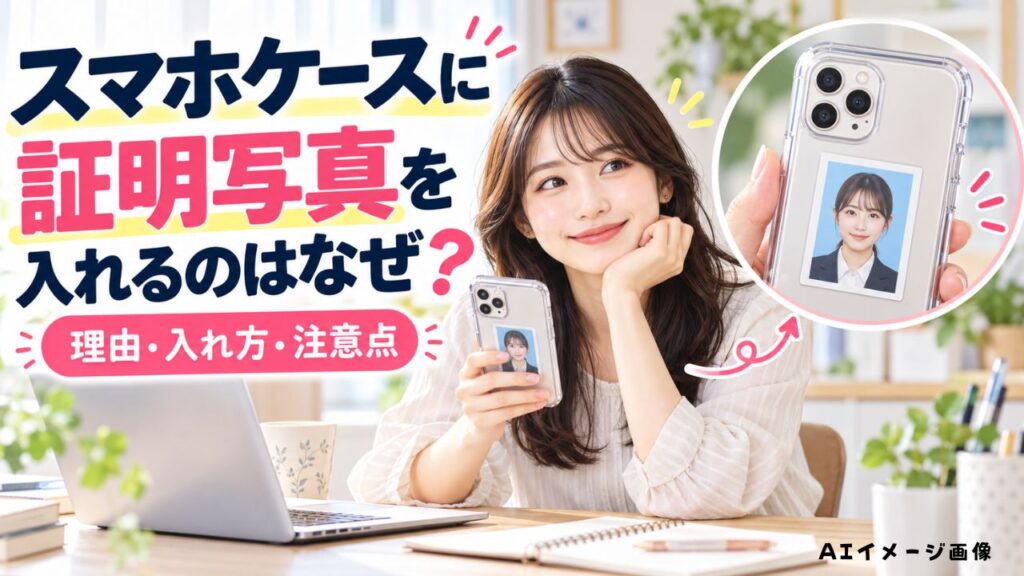 証明写真を入れた透明スマホケースを室内で持つ日本人女性のAIイメージ画像