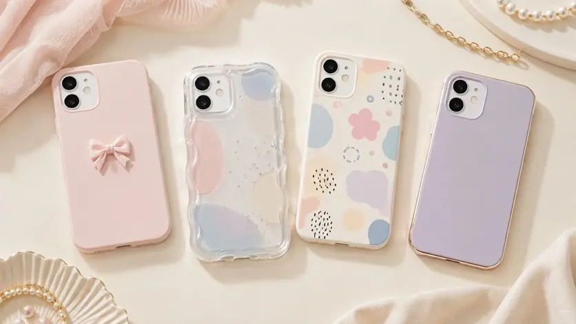 リボン付きやクリアなどデザインの異なるかわいいスマホケースを比較したAIイメージ