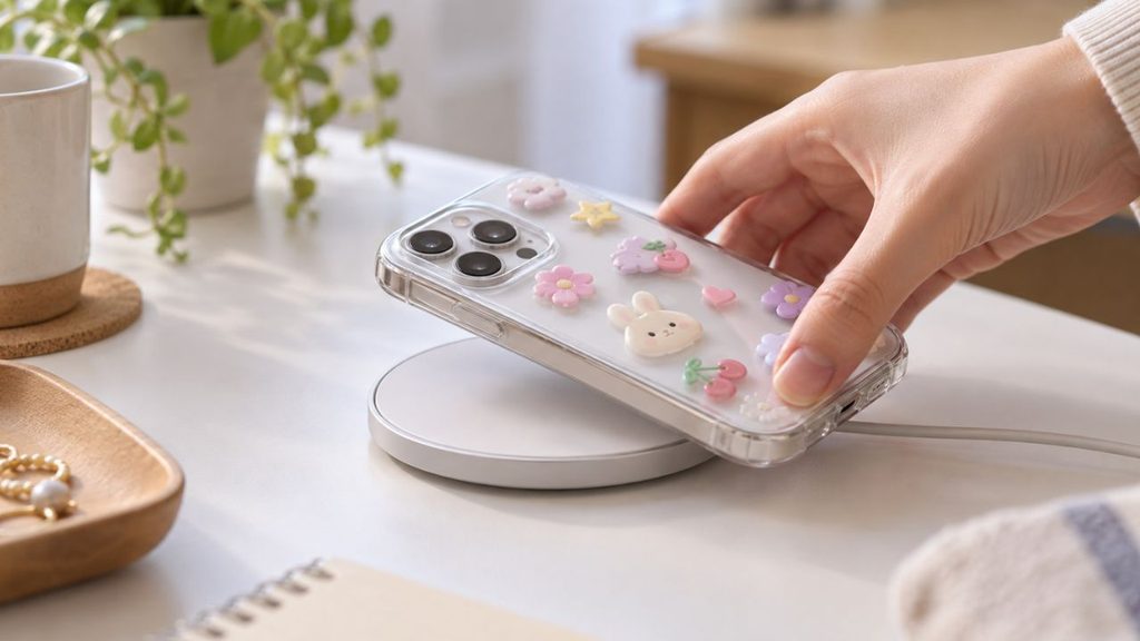 立体シールで飾った透明スマホケースをワイヤレス充電器の上に置こうとしている手元