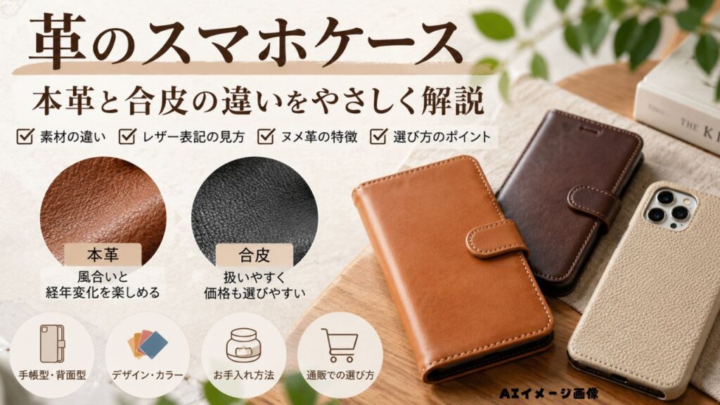 本革と合皮のスマホケースを並べ、素材の違いと選び方を比較したアイキャッチ画像