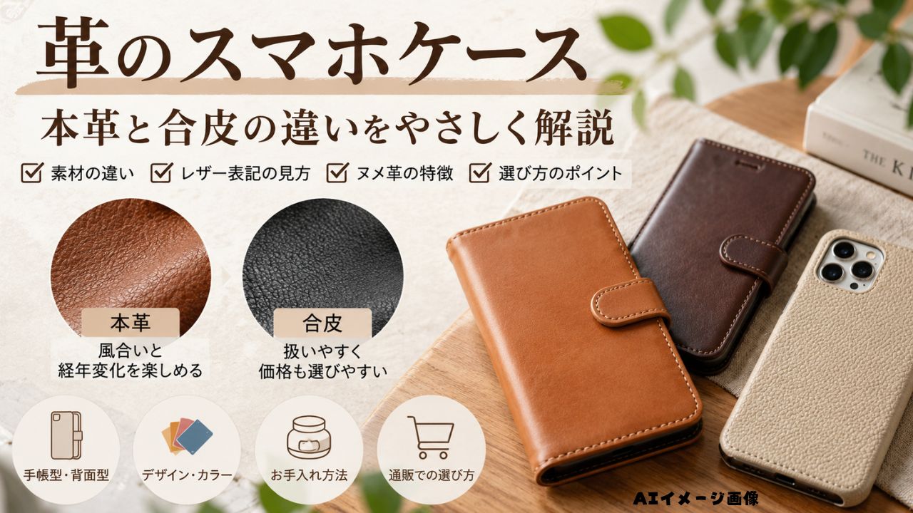 本革と合皮のスマホケースを並べ、素材の違いと選び方を比較したアイキャッチ画像