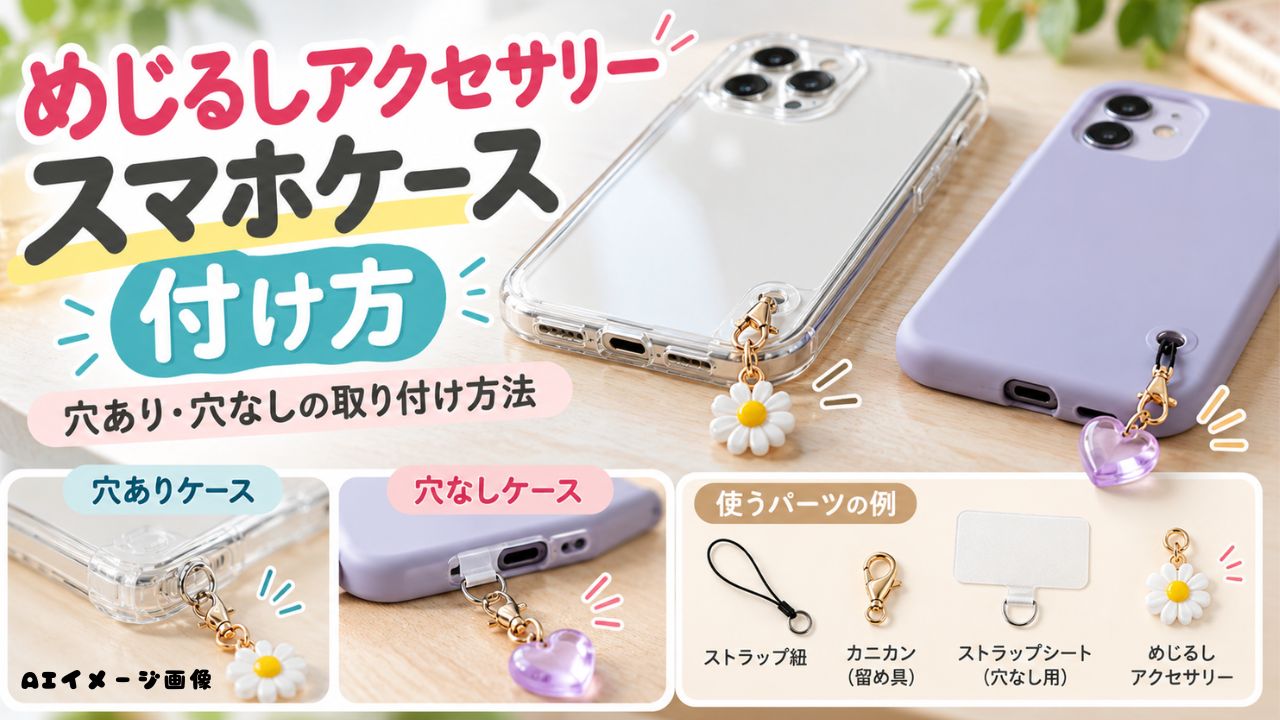 めじるしアクセサリーをスマホケースに付ける方法を、穴あり・穴なしケースと使用パーツで示したAIイメージ画像