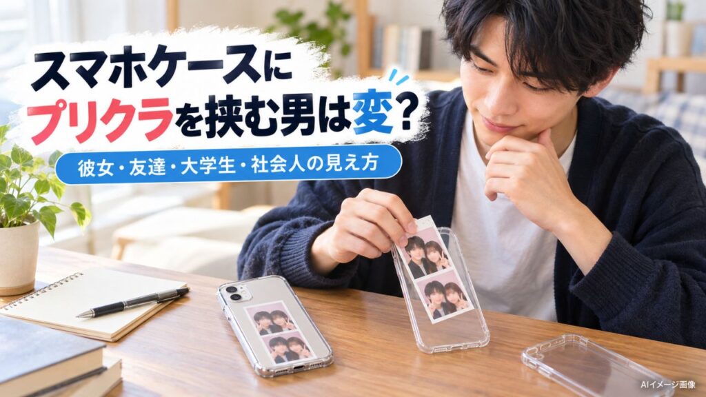 室内の机で日本人男性が透明スマホケースに2人で写ったプリクラを挟む様子のAIイメージ画像