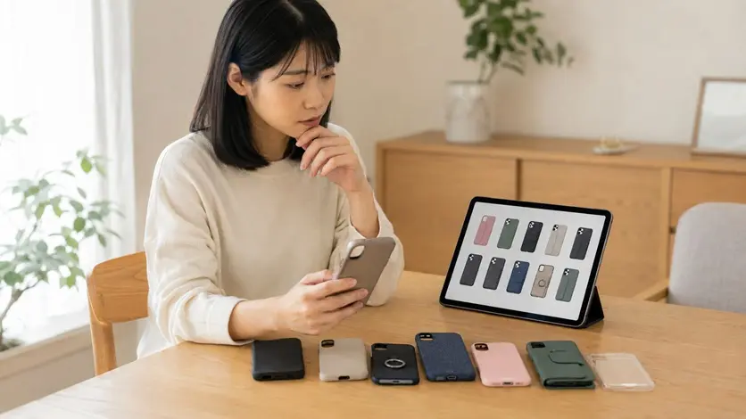 タブレット画面と複数のスマホケースを見比べる日本人女性
