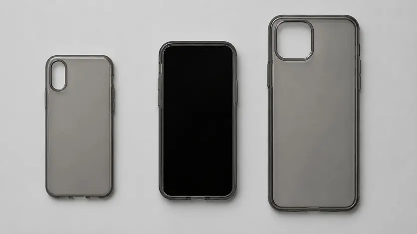 大きさとカメラ穴の異なるスマートフォンとケースを並べて対応を確認するイメージ