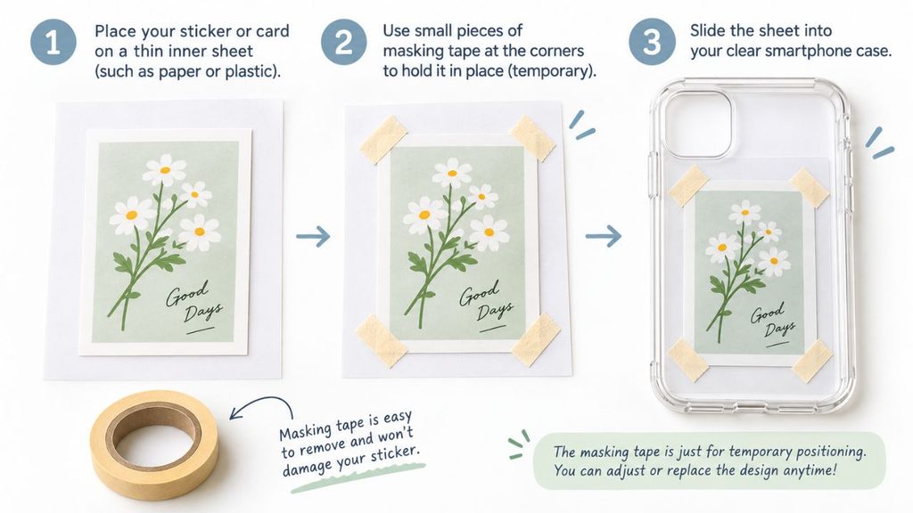 花柄のステッカーを薄い台紙に置き、四隅をマスキングテープで仮留めして透明スマホケースに挟む3段階の説明図