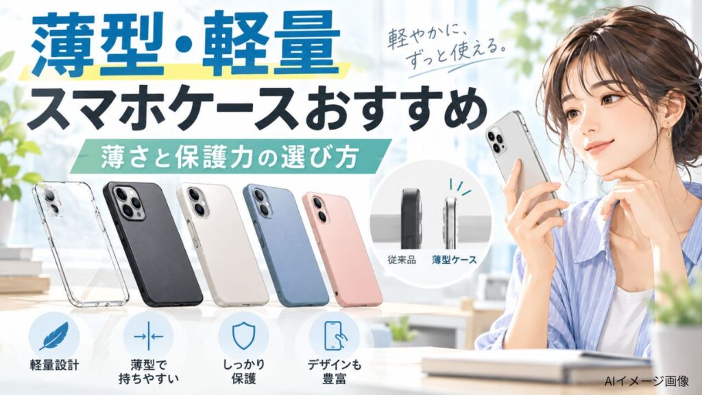 薄型・軽量スマホケースを比較しながら選ぶ日本人女性のAIイメージ画像