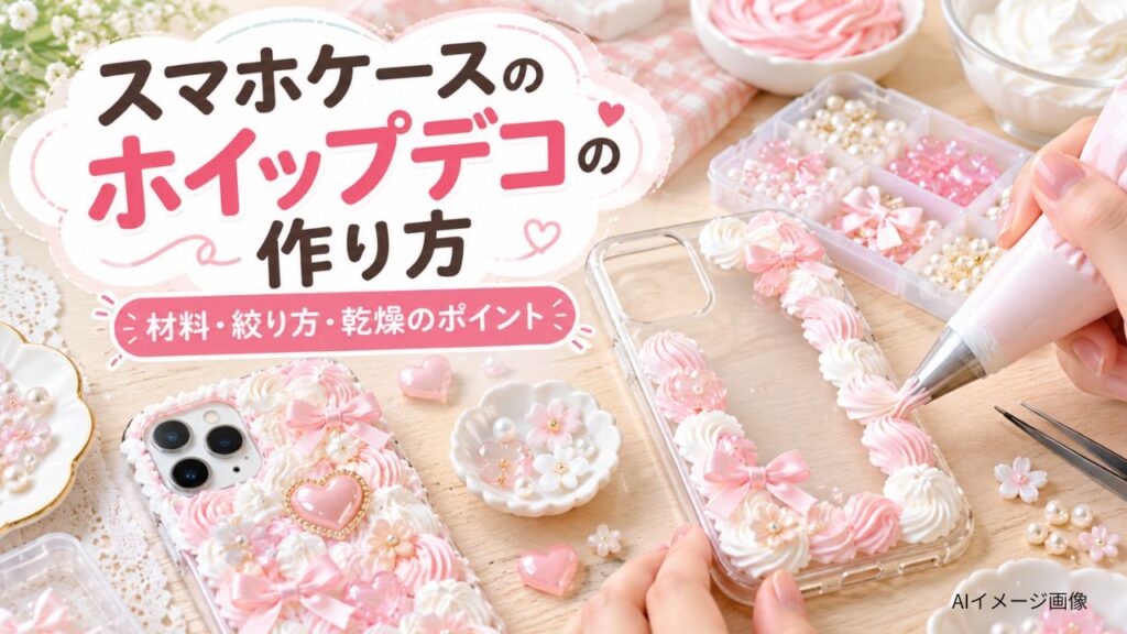 作業台で透明スマホケースにピンクと白のホイップデコを絞り、リボンやパール風パーツで飾る様子のAIイメージ画像