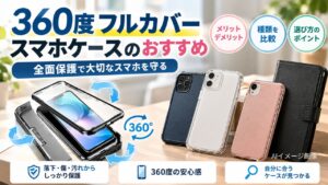 360度フルカバー型と透明・手帳型スマホケースを並べ、全面保護の種類や選び方を紹介したAIイメージ画像