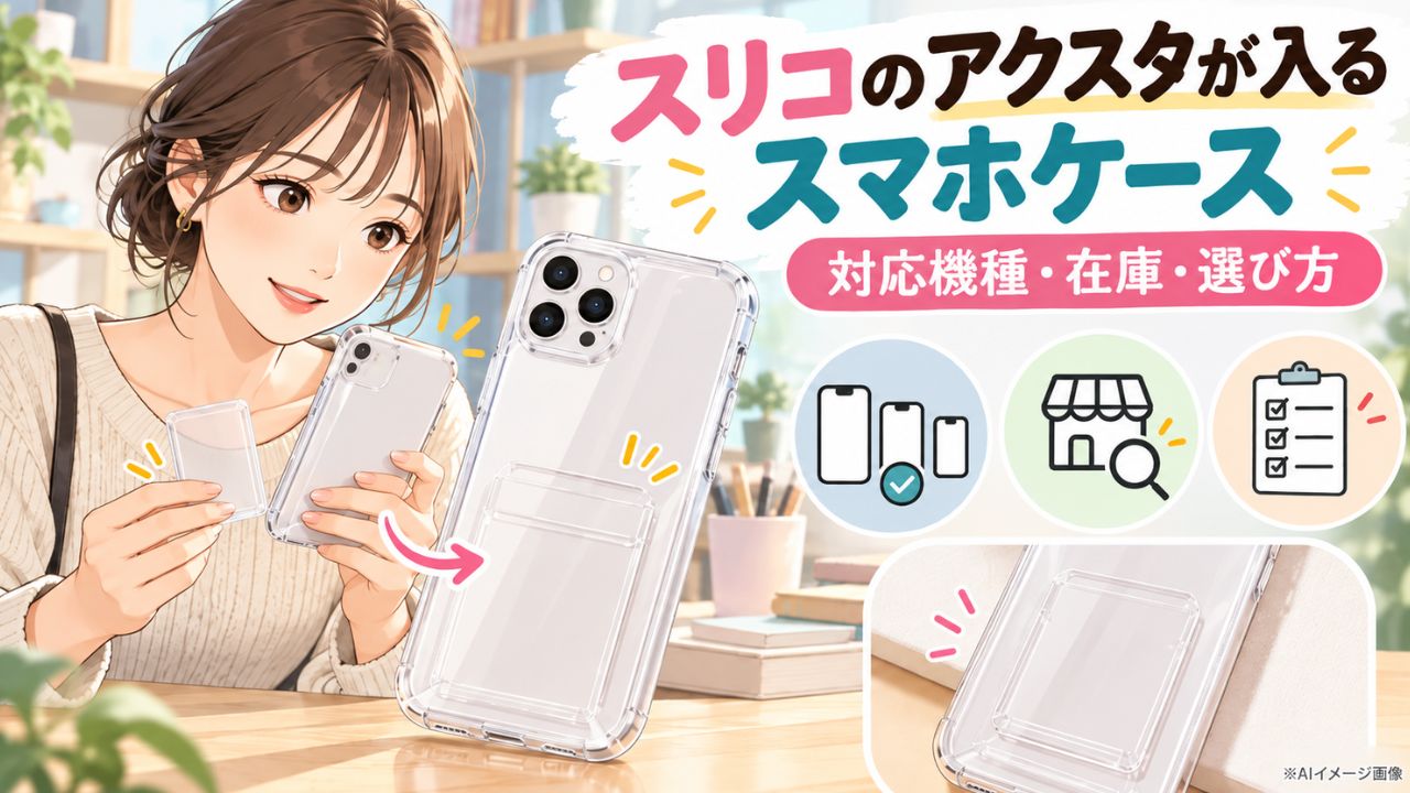 日本人女性がアクスタ用の透明スマホケースを確認するイラスト。スリコの対応機種・在庫・選び方を紹介するAIイメージ画像