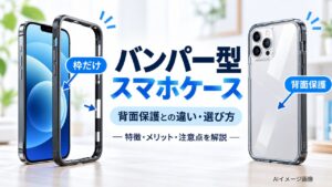枠だけのバンパー型スマホケースと背面を覆う透明ケースを左右に並べ、背面保護との違いを示したAIイメージ画像