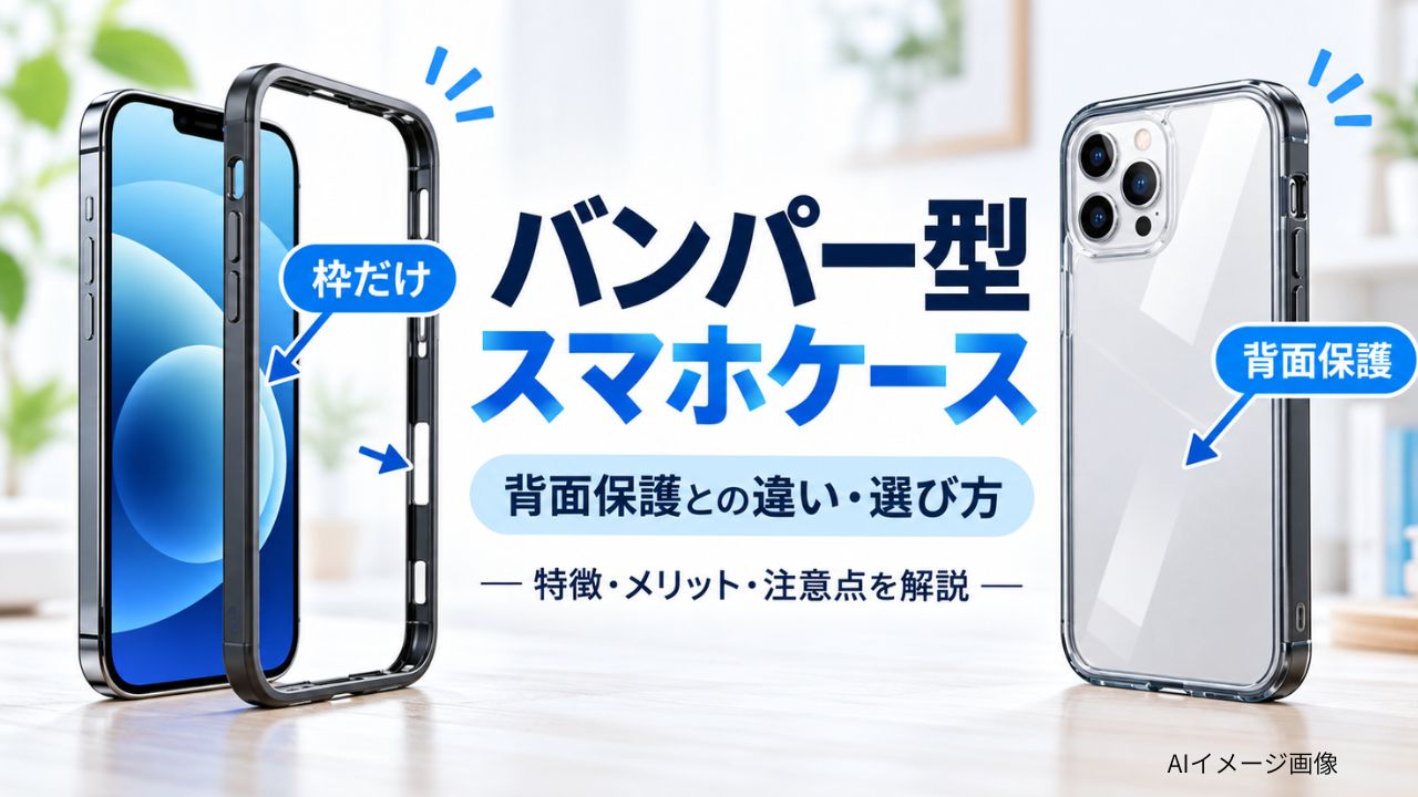 枠だけのバンパー型スマホケースと背面を覆う透明ケースを左右に並べ、背面保護との違いを示したAIイメージ画像