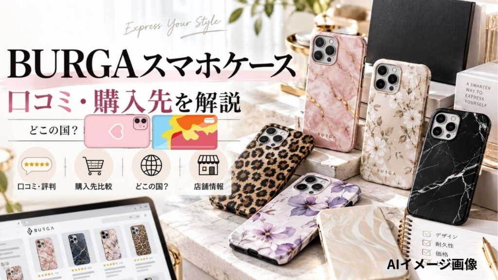 BURGAスマホケースの口コミ・購入先を表現した、複数のデザインケースを並べたAIイメージ画像