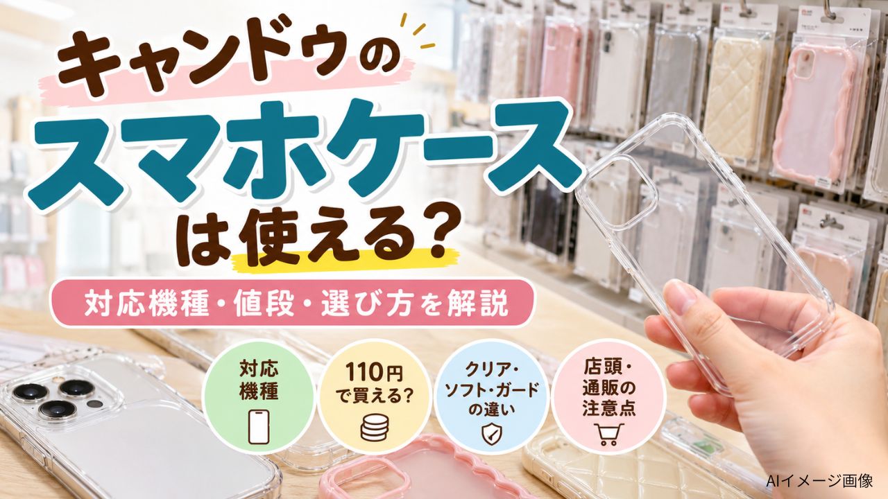 スマホケース売り場で透明ケースを手に持ち、キャンドゥの対応機種・値段・選び方を紹介するAIイメージ画像