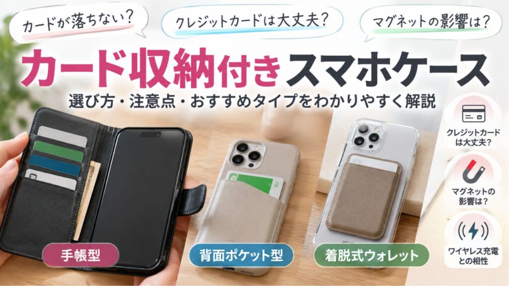手帳型・背面ポケット型・着脱式のカード収納スマホケースを並べ、落下や磁気の注意点を示した画像