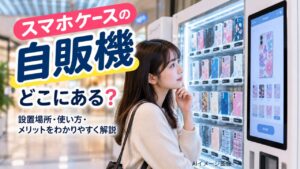 商業施設でスマホケースの自販機を見る日本人女性。設置場所や使い方を紹介するAIイメージ画像。