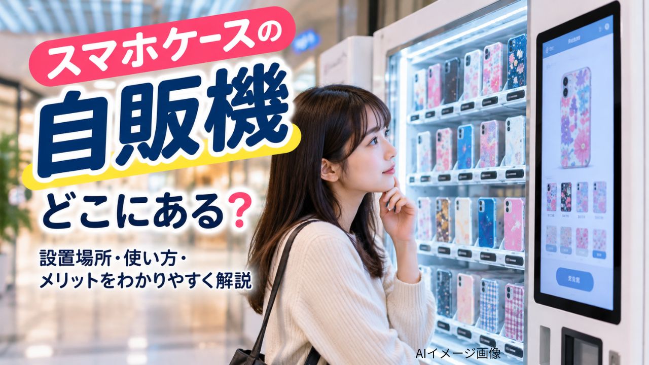 商業施設でスマホケースの自販機を見る日本人女性。設置場所や使い方を紹介するAIイメージ画像。