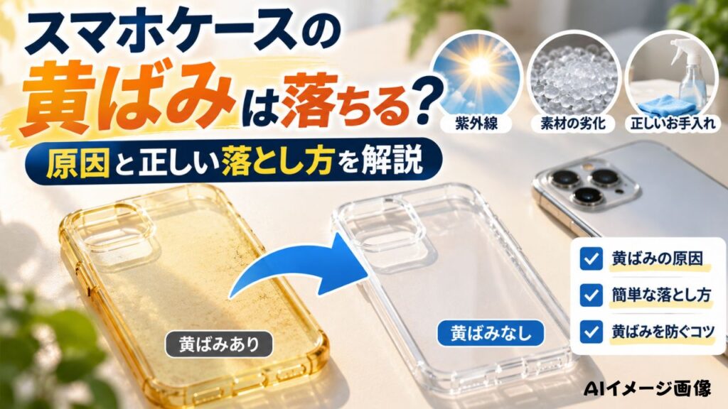 黄ばんだスマホケースと透明ケースを比較し、黄ばみの原因と正しい落とし方を示した画像