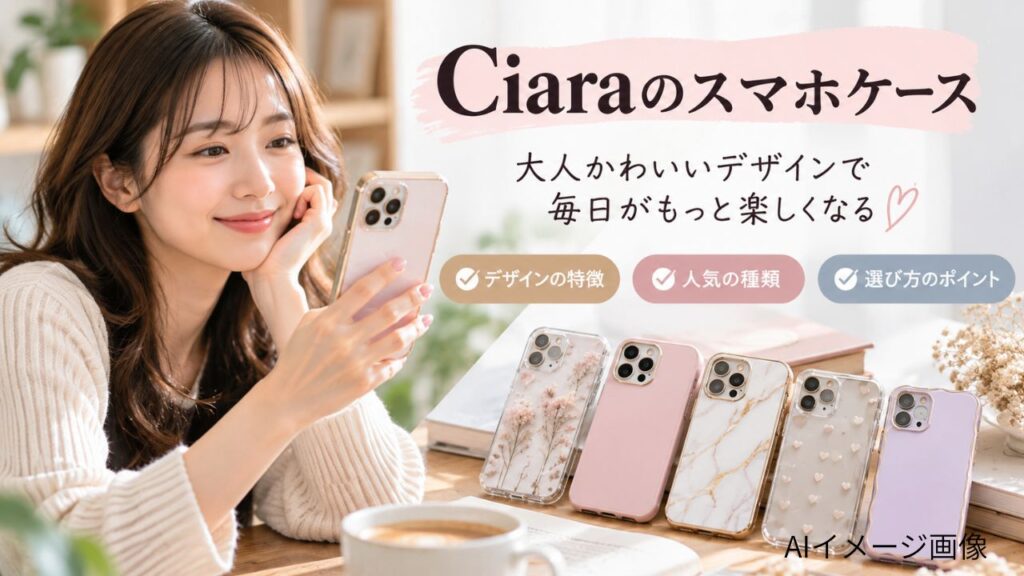 CIARAスマホケースの特徴や選び方を表現した、女性と複数のケースを配置したAIイメージ画像