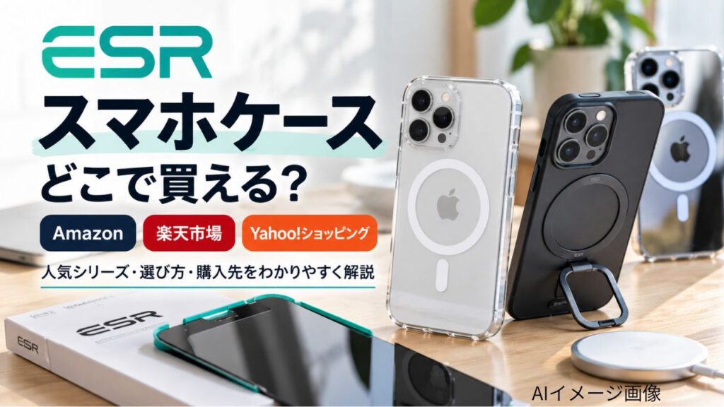 ESRスマホケースとMagSafe対応ケースを並べ、Amazon・楽天市場・Yahoo!の購入先を示したAIイメージ画像