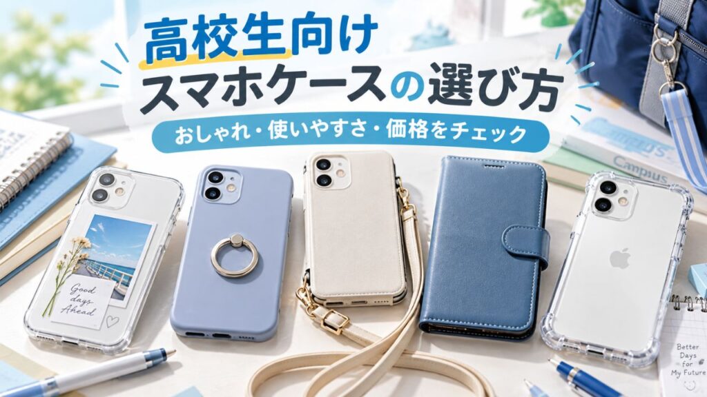 高校生向けスマホケース5種類を机に並べ、おしゃれ・使いやすさ・価格の選び方を示した画像