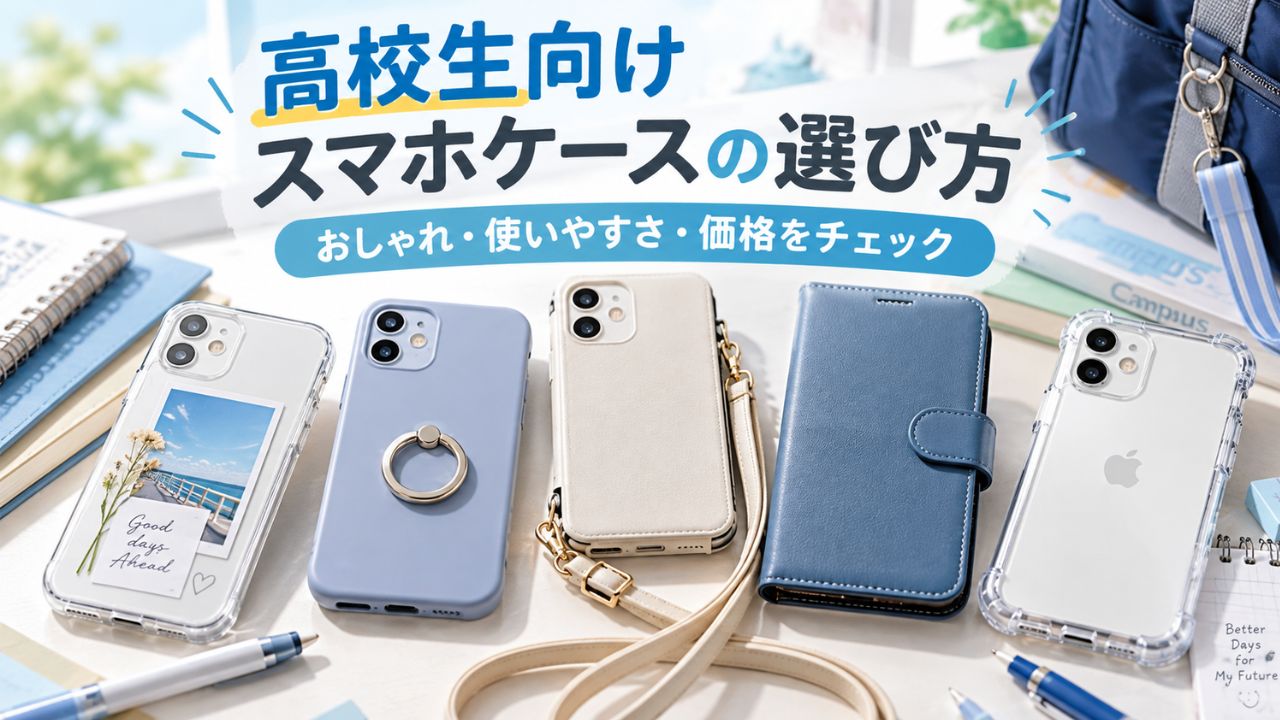 高校生向けスマホケース5種類を机に並べ、おしゃれ・使いやすさ・価格の選び方を示した画像