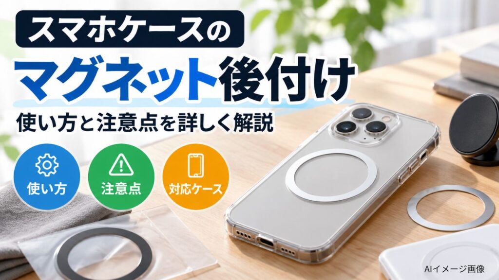 透明スマホケースの背面にマグネットリングを後付けした状態と、貼り付け前のリングや磁気ホルダーを机に並べたAIイメージ画像