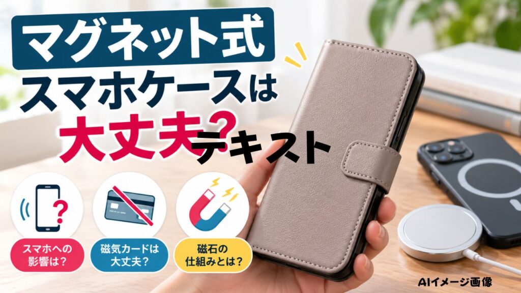 マグネット式スマホケースと磁石・カード・充電器を示し、スマホへの影響を解説する画像