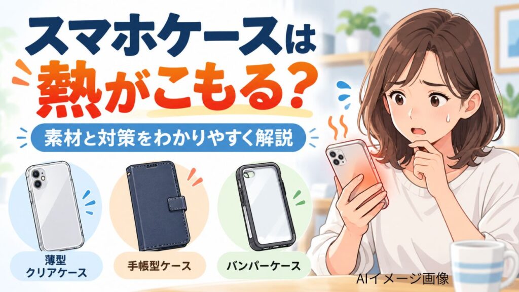 スマホケースの熱がこもる原因と対策を紹介するAIイメージ画像。日本人女性が発熱したスマホを持ち、薄型・手帳型・バンパーケースを比較するイラスト