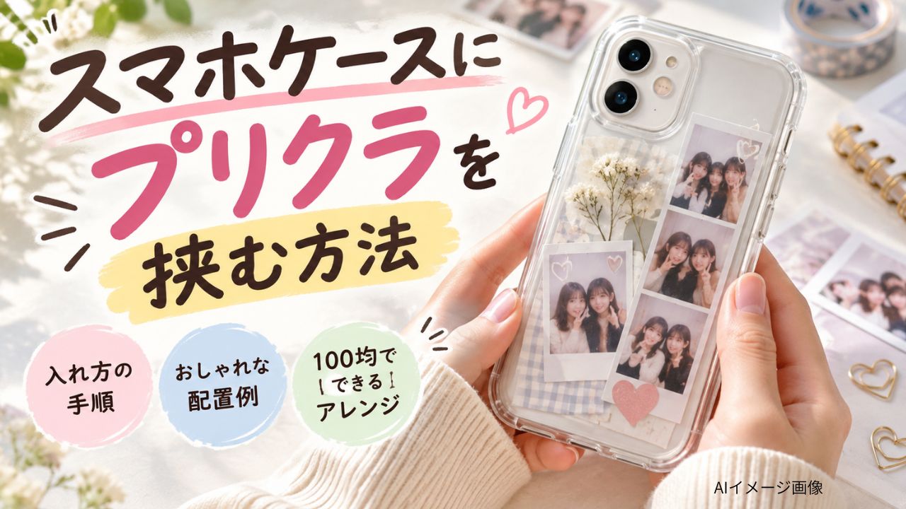 プリクラを挟んだ透明スマホケースを両手で持ち、入れ方や配置を紹介するAIイメージ画像