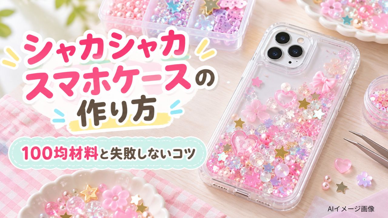ピンクのビーズや飾りを入れた透明なシャカシャカスマホケースと工作材料を並べ、100均材料を使った作り方を紹介するAIイメージ画像