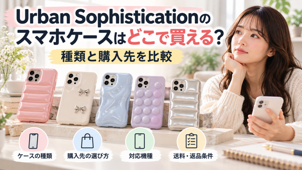 Urban Sophisticationのスマホケースをテーマに、立体的な5種類のケースと購入先・対応機種の選び方を示したAIイメージ画像