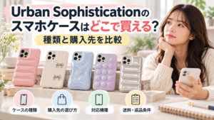 Urban Sophisticationのスマホケースをテーマに、立体的な5種類のケースと購入先・対応機種の選び方を示したAIイメージ画像
