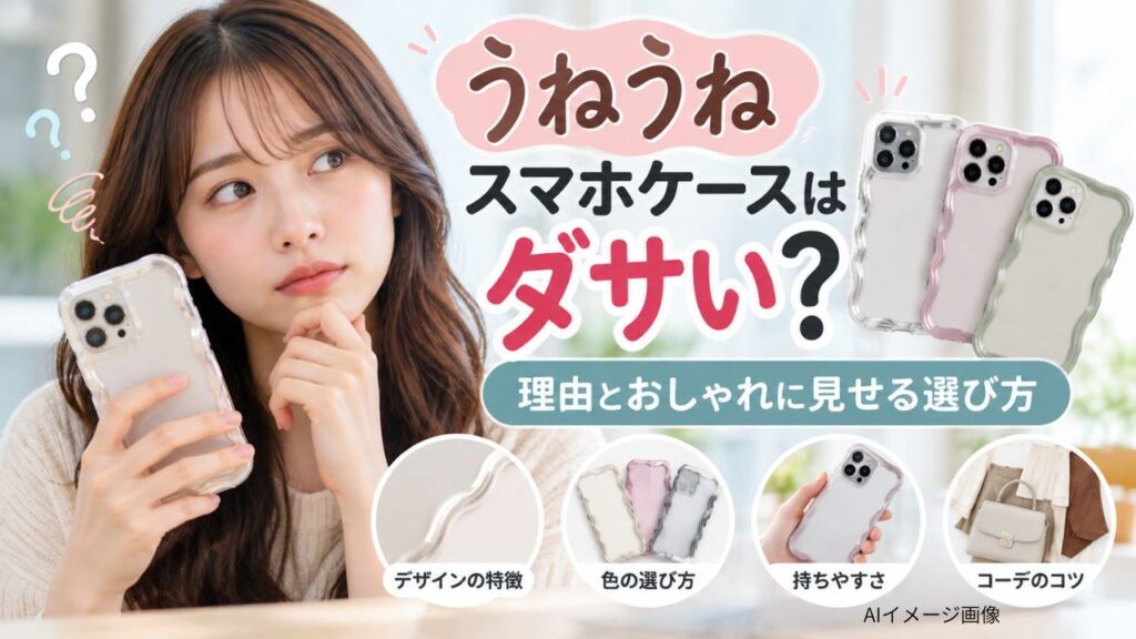 うねうねスマホケースを持つ日本人女性と、色違いの波形ケースを並べたAIイメージ画像。ダサいと感じる理由やおしゃれな選び方を紹介。