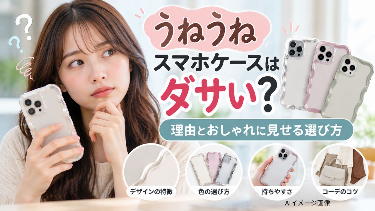 うねうねスマホケースを持つ日本人女性と、色違いの波形ケースを並べたAIイメージ画像。ダサいと感じる理由やおしゃれな選び方を紹介。